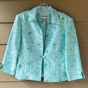 Jessica Howard Aqua Floral Shimmery Sequin Evening Blazer Suit Jacket Size 14